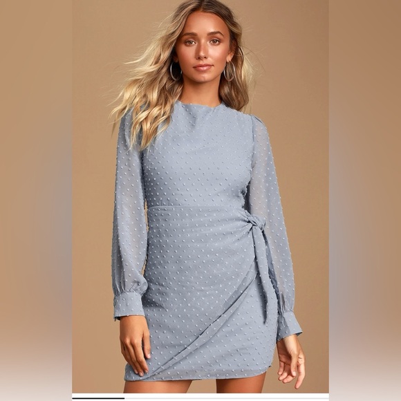 Lulus Light Blue Swiss Dot Long Sleeve Tie-Front Mini Dress size M - Picture 8 of 9